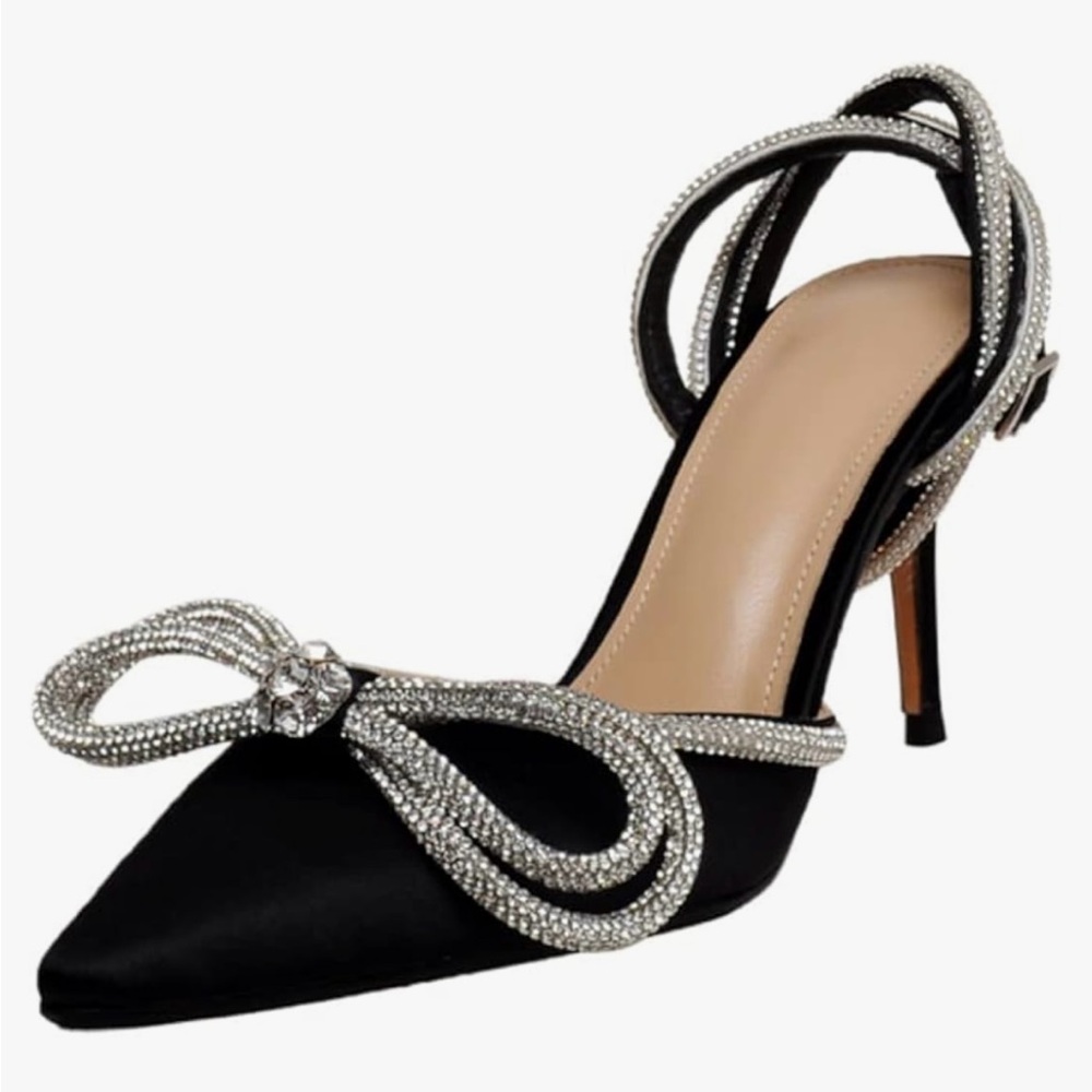 Satin black crystal bow heel
